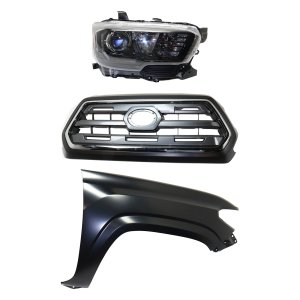 Headlight Assembly Kit for 2017 Toyota Tacoma Right (Passenger), Includes Halogen 3-Piece Set with Fender and Grille Assembly, Replacement