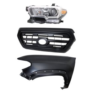 Grille Kit for Toyota Tacoma 2016-2017, Includes Painted Black Shell and Insert, 3-Piece Set with Fender and Headlight Replacement
