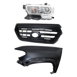 Grille Kit for 2016-2017 Toyota Tacoma, Painted Black Shell and Insert, 3-Piece with Fender and Headlight Replacement