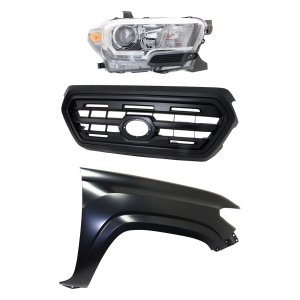 Grille Kit for Toyota Tacoma 2016-2017, Painted Black Shell and Insert, 3-Piece Kit, Includes Fender and Headlight Replacement