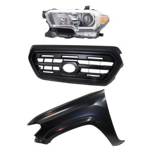 Grille Kit for 2016-2017 Toyota Tacoma, Painted Black Shell and Insert, 3-Piece Set with Fender and Headlight, Replacement