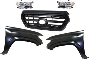 Grille for Toyota Tacoma 2016-2017, Painted Black Shell and Insert, 5-Piece Kit with Fenders and Headlights, Replacement