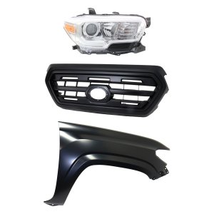 Grille Kit for 2016-2017 Toyota Tacoma, Featuring Painted Black Shell and Insert, 3-Piece Set with Fender and Headlight Replacement