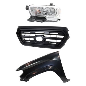 Grille Kit for 2016-2017 Toyota Tacoma, Painted Black Shell and Insert, 3-Piece with Fender and Headlight Replacement