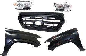 Grille Kit for Toyota Tacoma 2016-2017, Painted Black Shell and Insert, 5-Piece Set with Fenders and Headlights Replacement
