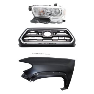 Grille Kit for Toyota Tacoma 2016-2017, Chrome Shell with Painted Black Insert, 3-Piece Set, Includes Fender and Headlight, Replacement