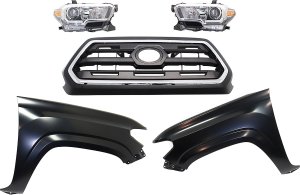 Grille Kit for 2016-2017 Toyota Tacoma: Chrome Shell with Painted Black Insert, 5-Piece Set including Fenders and Headlights, Replacement