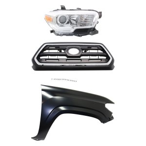3-Piece Kit Grille for 2016-2017 Toyota Tacoma, Chrome Shell with Painted Black Insert, Includes Fender and Headlight Replacement