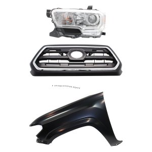 3-Piece Kit Grille for 2016-2017 Toyota Tacoma - Chrome Shell with Painted Black Insert, with Fender and Headlight Replacement