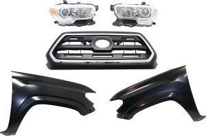 Grille Kit for 2016-2017 Toyota Tacoma with Chrome Shell, Painted Black Insert, 5-Piece Set including Fenders and Headlights, Replacement Part