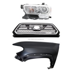 Grille Kit for 2016-2017 Toyota Tacoma, Chrome Shell and Insert, 3-Piece Set with Fender and Headlight Replacement