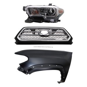 Chrome Shell and Insert Grille for 2016-2017 Toyota Tacoma, 3-Piece Kit with Fender and Headlight Replacement