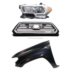 GRILLE Kit for TOYOTA TACOMA 2016-2017, Chrome Shell and Insert, 3-Piece Set with Fender and Headlight Replacement