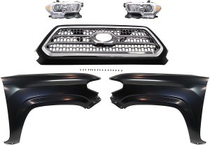 Grille Kit for 2016-2017 Toyota Tacoma, Chrome Shell and Insert, 5-Piece Set with Fenders and Headlights, Replacement
