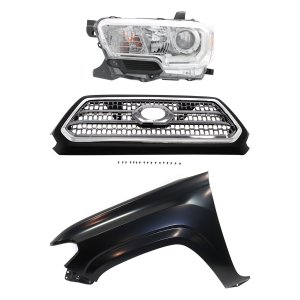 Grille for Toyota Tacoma 2016-2017, Chrome Shell and Insert, 3-Piece Kit with Fender and Headlight, Replacement