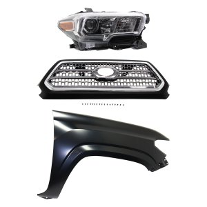 Grille Kit for 2016-2017 Toyota Tacoma, Chrome Shell and Insert, 3-Piece Set with Fender and Headlight Replacement
