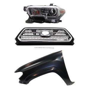 3-Piece Chrome Shell and Insert Grille Kit for 2016-2017 Toyota Tacoma, Includes Fender and Headlight Replacement