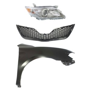 Headlight Assembly for 2010-2011 Toyota Camry Right (Passenger), 3-Piece Kit with Halogen, plus Fender and Grille Assembly Replacement