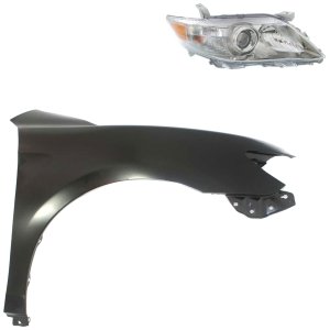 Headlight Assembly Kit for 2010-2011 Toyota Camry, Right (Passenger) with Fender, Halogen, 2-Piece Set, Replacement