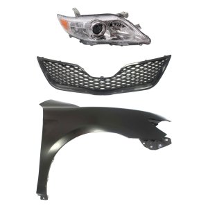 Headlight for 2010-2011 Toyota Camry, Right (Passenger) Side, Lens and Housing, Halogen, 3-Piece Kit, with Fender and Grille Assembly, Replacement