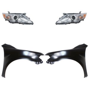Headlight Assembly Kit for Toyota Camry 2010-2011, Right (Passenger) & Left (Driver), Halogen, 4-Piece Kit with Fenders, Replacement