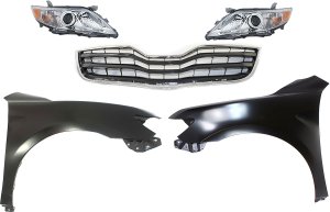 Headlight Assembly Kit for Toyota Camry 2010-2011, Right (Passenger) and Left (Driver), Halogen, 5-Piece with Fenders and Grille Assembly, Replacement