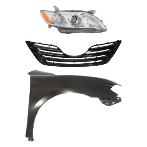 Headlight Kit for 2007-2009 Toyota Camry Sedan, Right (Passenger) Side, 3-Piece Set, Includes Lens and Housing, Halogen, USA Built, comes with Fender and Grille, Replacement