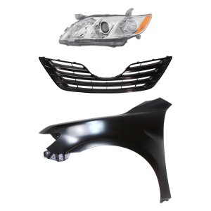 Headlight for Toyota Camry 2007-2009, Left (Driver), 3-Piece Kit with Lens and Housing, Halogen, Sedan, USA Built, Comes with Fender and Grille, Replacement