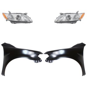 Headlight for 2007-2009 Toyota Camry, Right (Passenger) and Left (Driver), Lens and Housing, Halogen, 4-Piece Kit with Fenders, Replacement