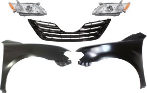 Headlight Kit for 2007-2009 Toyota Camry, Right (Passenger) and Left (Driver) Halogen Lenses and Housings, 5-Piece Set, Sedan, USA Built, with Fenders and Grille, Replacement
