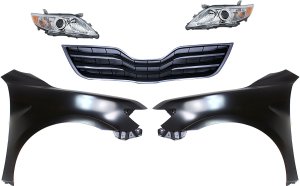 Headlight Assembly Kit for 2010-2011 Toyota Camry, Includes Right (Passenger) and Left (Driver) Halogen Lights, 5-Piece Kit, with Fenders and Grille Assembly, Replacement