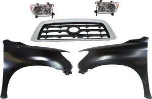 Chrome Shell Grille with Painted Black Insert for 2007-2009 Toyota Tundra, 5-Piece Kit including Fenders and Headlights, Replacement