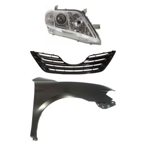 Headlight Kit for 2007-2009 Toyota Camry Sedan, Right (Passenger) Side, 3-Piece Set with Fender and Grille, Halogen Bulb, Japan Built, Lens and Housing Replacement