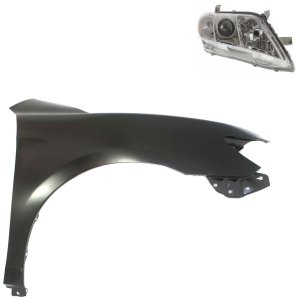 Headlight for Toyota Camry 2007-2009, Right (Passenger), Lens and Housing, Halogen, 2-Piece Kit with Fender, Replacement