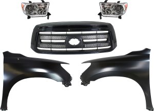 5-Piece Kit Grille for 2010-2013 Toyota Tundra, Painted Black Shell and Insert with Fenders and Headlights, Replacement