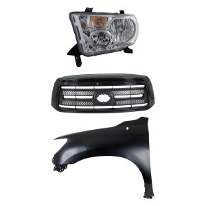 Grille Kit for 2010-2013 Toyota Tundra, Painted Black Shell and Insert, 3-Piece Set with Fender and Headlight, Replacement