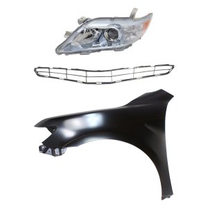 Headlight Kit for Toyota Camry 2010-2011, Left (Driver) with Lens, Housing, Halogen, 3-Piece Kit, includes Fender and Grille Assembly, Replacement