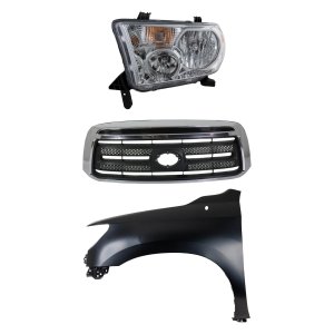 Grille Kit for Toyota Tundra 2010-2013, 3-Piece Kit with Chrome Shell and Textured Black Insert, includes Fender and Headlight Replacement