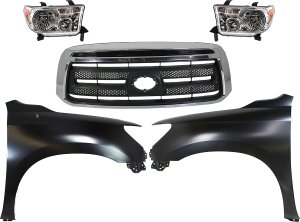 5-Piece Grille Kit for 2010-2013 TOYOTA TUNDRA, Chrome Shell with Textured Black Insert, includes Fenders and Headlights, Replacement