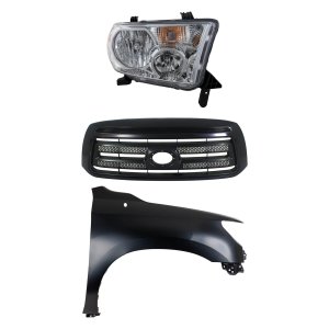 Grille Kit for Toyota Tundra 2010-2013, Painted Black Shell and Insert, 3-Piece Set with Fender and Headlight Replacement