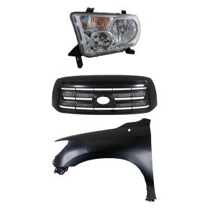 Grille Kit for Toyota Tundra 2010-2013, Painted Black Shell and Insert, 3-Piece Set with Fender and Headlight Replacement