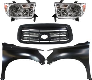 Grille for Toyota Tundra 2010-2013, Painted Black Shell and Insert, 5-Piece Kit with Fenders and Headlights, Replacement