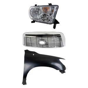 Grille Kit for Toyota Tundra 2010-2013, Chrome Shell with Satin Nickel Insert, 3-Piece Set, Includes Fender and Headlight Replacement
