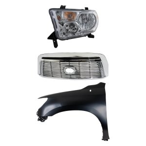 Grille Kit for Toyota Tundra 2010-2013, 3-Piece Set with Chrome Shell, Satin Nickel Insert, Fender, and Headlight, Replacement