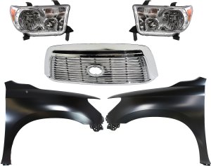 Complete Grille Kit for 2010-2013 Toyota Tundra, Chrome Shell with Satin Nickel Insert, 5-Piece Set including Fenders and Headlights, Replacement
