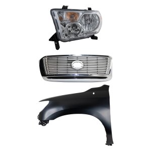 Grille Kit for Toyota Tundra 2012-2013, Silver Shell with Gray Insert Center, 3-Piece Set Includes Fender and Headlight, Replacement