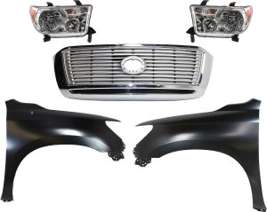 Grille Center Kit for 2012-2013 Toyota Tundra, Silver Shell with Gray Insert, 5-Piece Set, Includes Fenders and Headlights Replacement