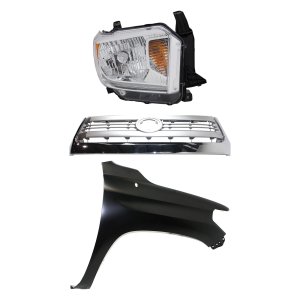 3-Piece Kit Grille for 2014-2015 Toyota Tundra, Painted Silver Shell with Gray Insert, Includes Fender and Headlight Replacement