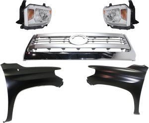 Grille Kit for 2014-2015 Toyota Tundra, Includes Painted Silver Shell with Gray Insert, 5-Piece Set with Fenders and Headlights, Replacement