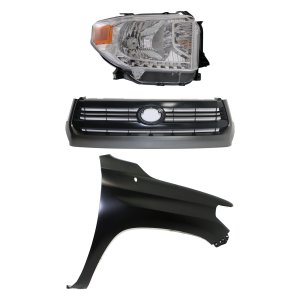 Grille Kit for 2014-2015 Toyota Tundra, Painted Black Shell and Insert, 3-Piece with Fender and Headlight Replacement